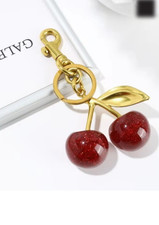 Red Cherry Apple Bag Charm Keychain Resin Metal Brass Purse Decoration