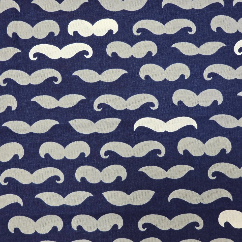 Cotton Fabric 14"x35" Remnant Navy Blue Grey White Mustache Novelty Print - Image 2 of 4