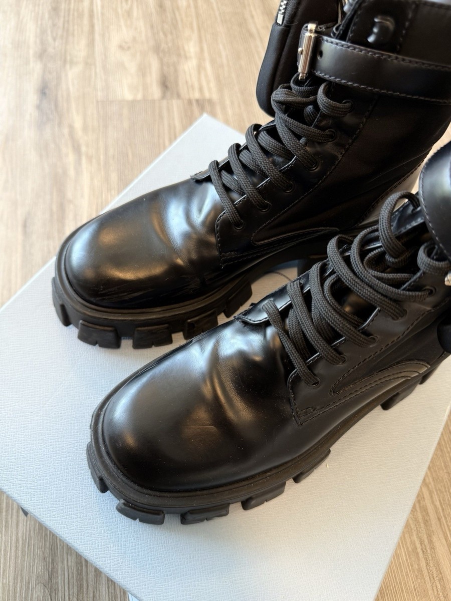 靴 Prada Combat boots PRADA Calzature Donna Black Patent Leather Lace Up Combat