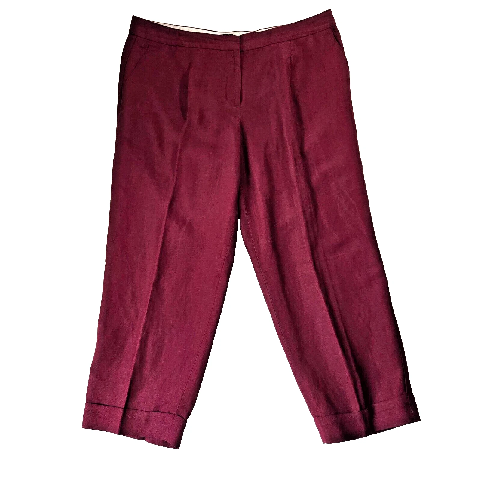 Talbots Pants Womens 14 Burgundy Cuffed Capri Linen Blend Career Academia Spring
