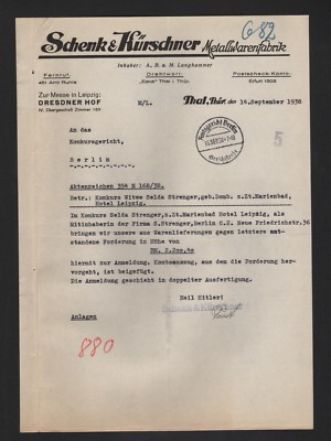 THAL, Letter 1938, Schenk & Kürschner Metalware Factory