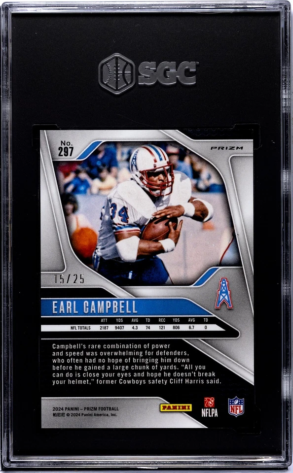2024 Panini Prizm Earl Campbell Blue Shimmer Color Match SSP /25 SGC 10 POP 1 - Image 2 of 2