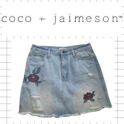 COCO + JAIMESON Women's Denim FLORAL EMBROIDERED Mini Skirt Blue SZ 30! EUC!