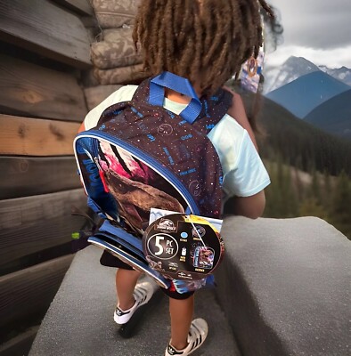 JURASSIC WORLD DINO PCS BACKPACK SET LUNCH KIT ICE PACK WATER BOTTLE ZIP  CASE