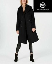 NWT MICHAEL KORS BLACK DOUBLE BREASTED WOOL BLEND NOTCH COLLAR COAT SZ L LARGE