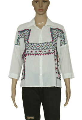 Anthropologie Colorful Embroidered Buttondown Drop Sleeve White Shirt Top New M
