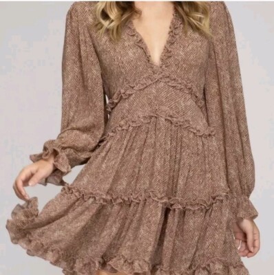 brown ruffle long sleeve dress Ruffle Mini Long Sleeve Dress
