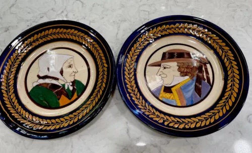 VTG QUIMPER HB ~ 2 Plates ~ Man & Woman Face To Face Beaded Signed ~ Excellent!