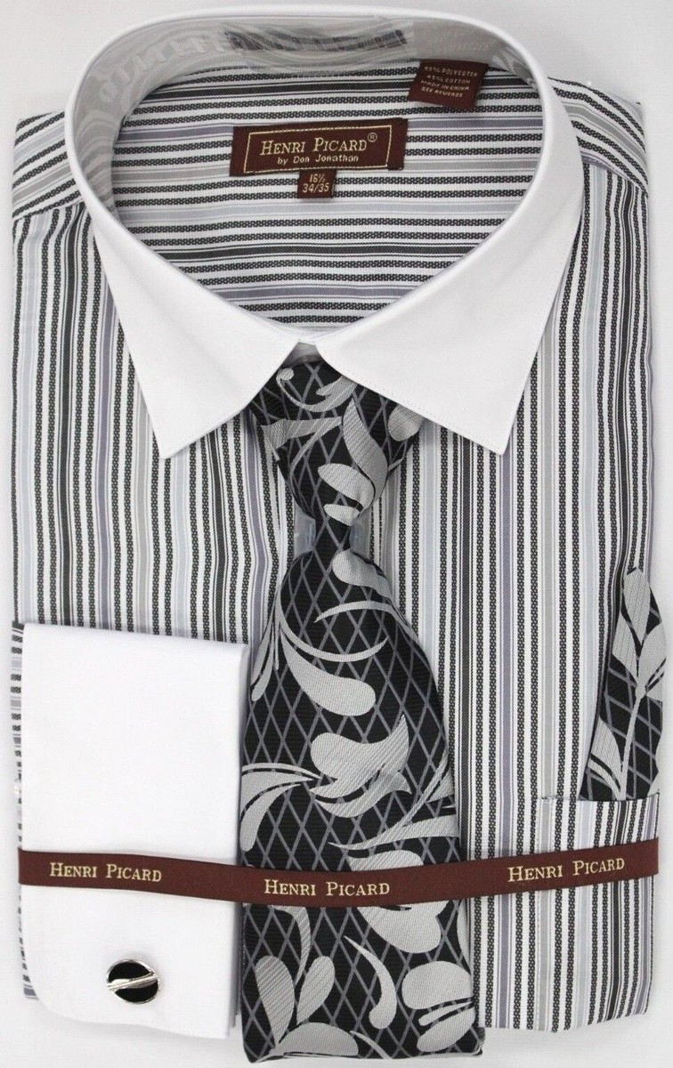 henri picard dress shirts Men's Henri Picard Black & White Striped Multi-Color French Cuff Shirt Set
