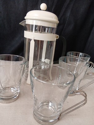 French Coffee Press w/ 4 Bormioli Rocco Italy Coffee Cups 6 ounce MCM