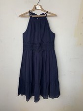 Eliza J Women Dress 12 Navy Blue Gauze Halter Crochet Tiered Boho Midi Coquette