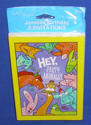 Tender Thoughts Juvenile Birthday Invitations Party Animals Pkg of 8 NIP 