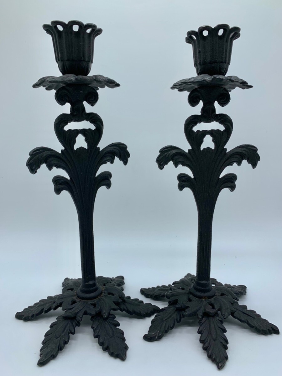 Wrought Iron Candlesticks Vtg Black Gothic Original Hand-Forged