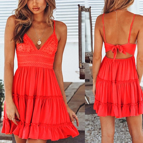 Abito natalizio pizzo boho sling dress slim mini fit spiaggia prendisole senza schiena donna - Foto 16 di 23