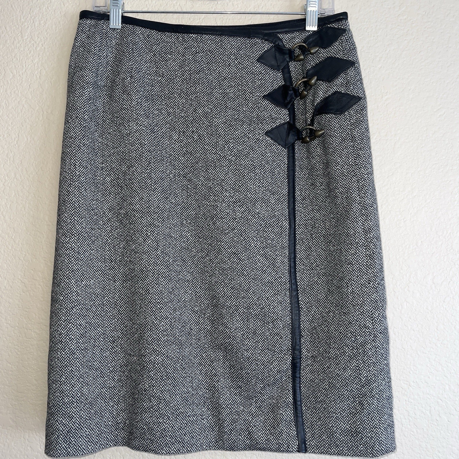 Austin Reed Wool Tweed Pencil Skirt with Leather Trim Size 8