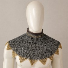 9mm Chainmail Gorget Flat Riveted Rings with Brass Zigzag Edge Medieval Collar