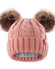 Toddler Warm Winter Hat Baby Knitted Beanie Double Faux Fur Pom Poms Hat