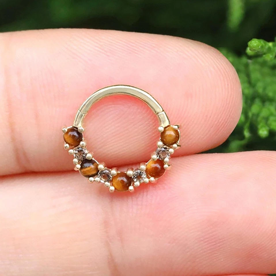 14k Yellow Gold Tiger Eye & Smoky Quartz Helix, Conch, Septum Clicker Nose Ring - Image 4 of 4