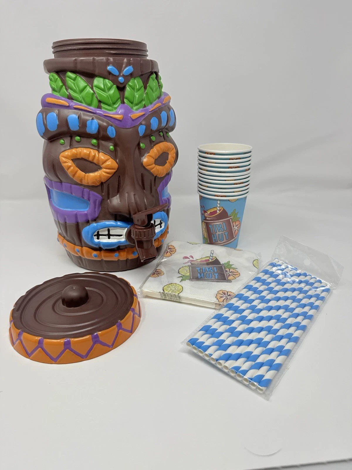 Tiki Drink Cooler/Dispenser Mai Tai W Cups Accessories New Melamine Plastic Fun!