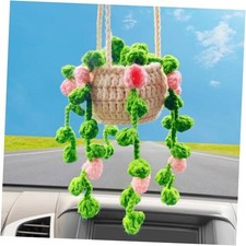 Handmade Crochet Potted Plants Rear View Mirror Accessories, Safe Car Pink a