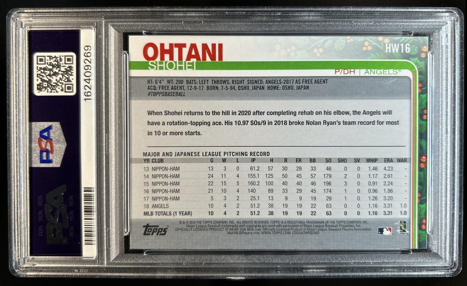 2019 Topps Holiday Shohei Ohtani - Super Rookie All-Star #HW16 Angels PSA 9 (69) view 2