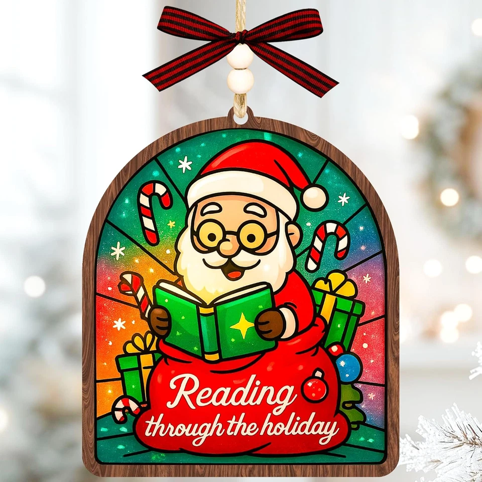 Adorno de Navidad para amantes de los libros 2025, adorno acrílico 2D Suncatcher, árbol para gusanos de biblioteca Foto 2 de 4