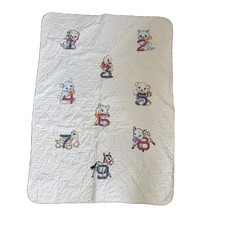 Vtg Hand Embroidered Baby Quilt Animals Numbers 1-9 Cross Stitch Crib Blanket