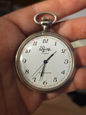 Piquette 17J Pocket Watch Winds And Runs Silver Tone Steel Case