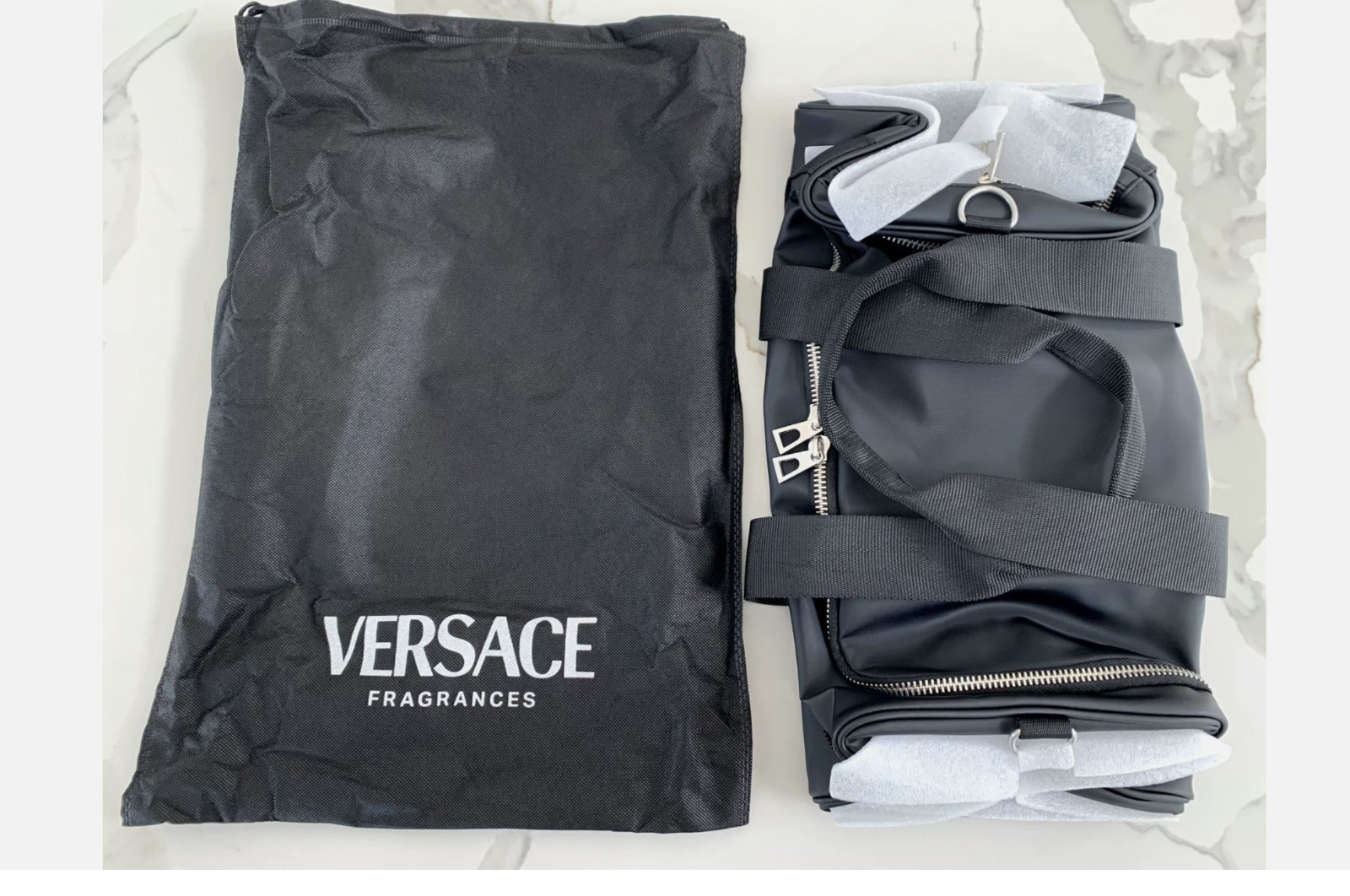 Versace Fragrances Black Duffle with Silver Tone Zipper Travel Overnight Bag New