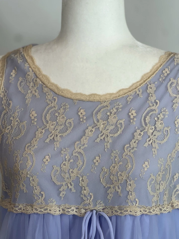 Винтажная ночная рубашка Aristocraft синяя кружевная средний размер 1960-е ретро прозрачная подкладка - Изображение 3 из 4