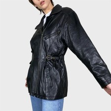 Vintage Black Leather Jacket Moto Biker Style Zipped Jacket Size US8