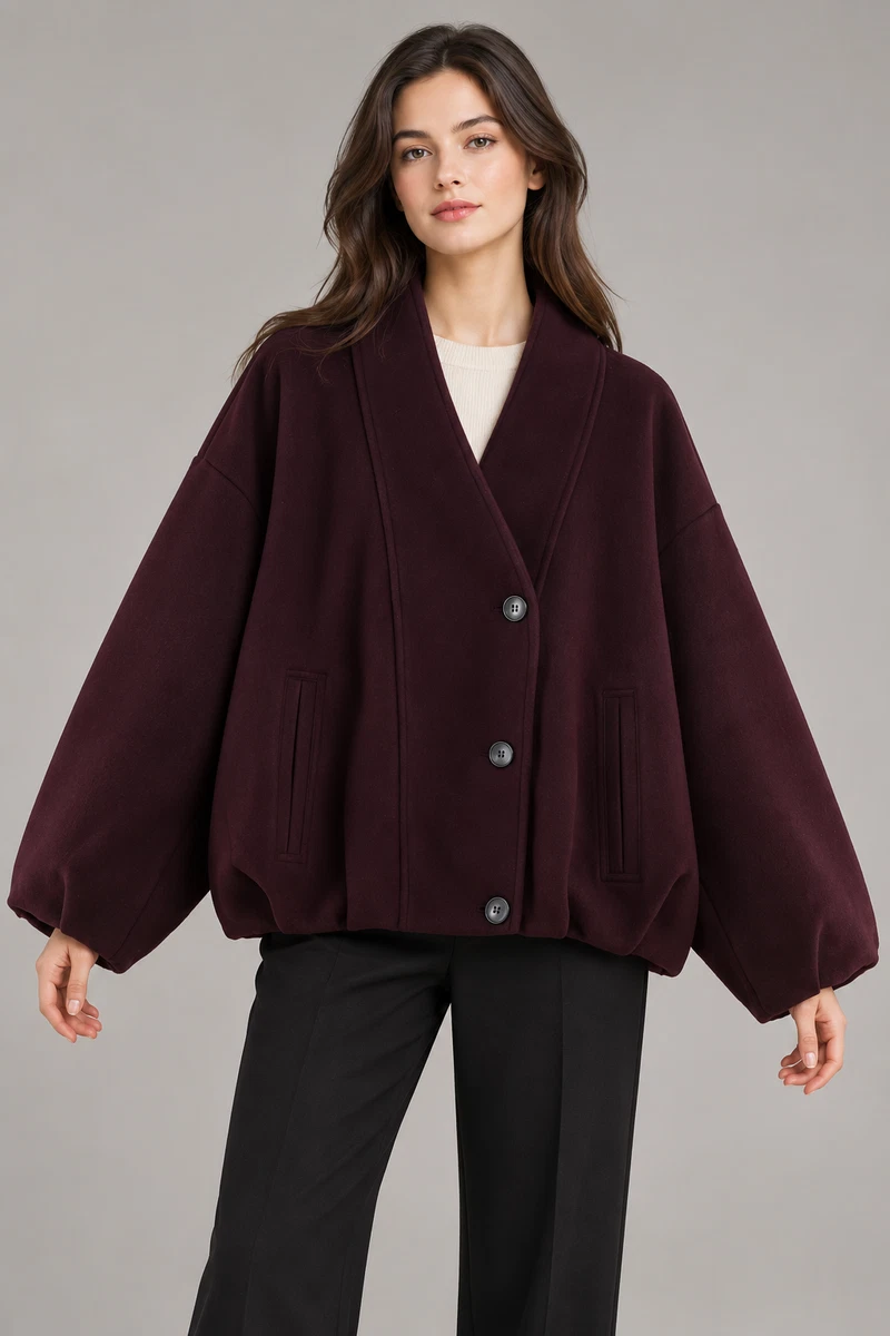 New Womens Burgundy V-Neck Wrap Cardigan Coat Oversized Batwing Jacket Outwear