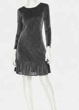 Tommy Hilfiger Women's Silver Shimmer Knit Round Neck Ruffled-Hem Dress Size 12