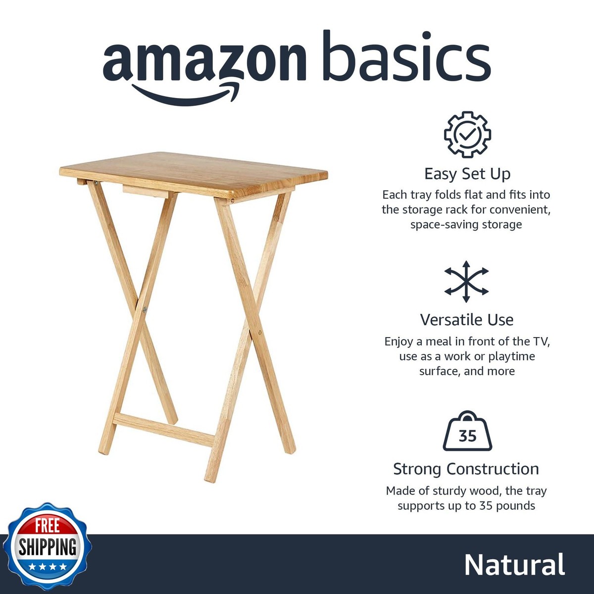 Amazon Basics Classic Foldable TV Dinner Tray Table with Storage Rack,  L