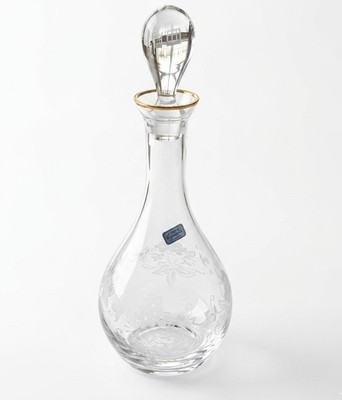 VTG Bohemia Crystalex Decanter - Etched Floral - GOLD RIM- Czech Republic