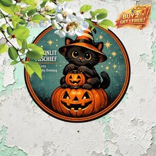 Halloween Cat and Pumpkin 8x8 Round Aluminum Tin Metal Sign
