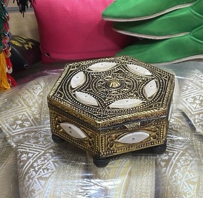 Hexagonal Gold Tone Metal Trinket Box, White Inlay, Red Lined for Jewelry