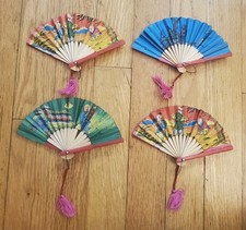Vintage Miniature Paper Folding Fans Asian Scenes Colorful Decorative Lot Of 4