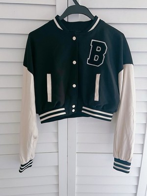 Love Tree Women s Cropped Varsity Jacket Logo Letter B Snap Front Pockets M