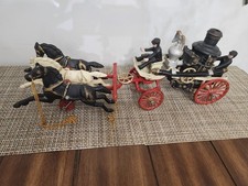 22" Large Cast Iron 3-Horse Drawn Fire Engine Truck Pumper w/ 2 Fireman