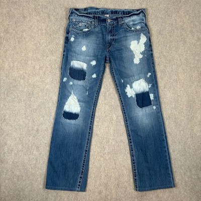 True Religion Jeans Mens 33 Blue Bleach Splatter Patchwork Distressed Denim
