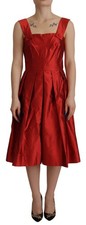 Dolce & Gabbana Red A-line Pleated Satin Silk Women's Dress Authentic