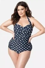 Unique Vintage Corinne Halter Swimsuit Size Large Navy & White Polka Dot 1 Piece