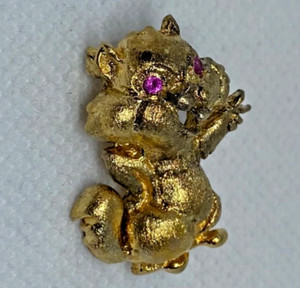 Authentic Vintage Gold Plated Chipmunk Brooch with Red stone eyes
