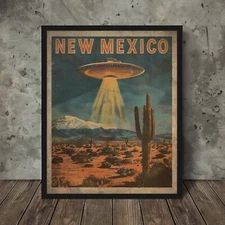 Vintage UFO NEW MEXICO Poster, UAP Roswell Alien Decor, Sci-fi Wester Wall Art