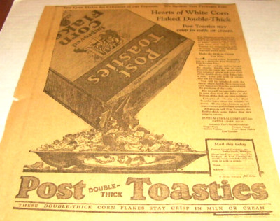 1924 POST DOUBLE-THICK TOASTIES CORN FLAKES ORIGINAL AD