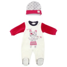 ABSORBA Baby girl cream velour cat romper with matching polka dot hat 3 months