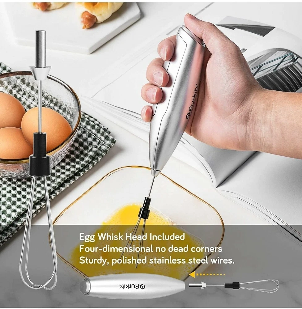 Milk Frother Handheld Detachable with Egg Beating Head, Stand. Silver