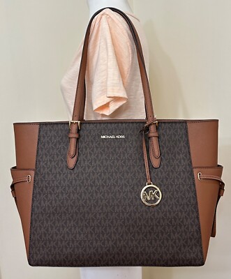 Michael Kors Gilly Travel MK Brown Large Drawstring Top Zip Tote