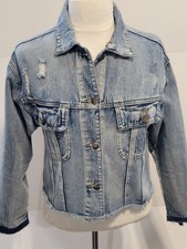 For The Republic Crop Denim Jacket Raw Hem Distressed Ripped Womens Small Nwt